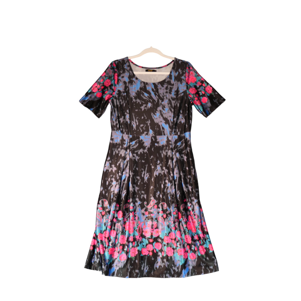 R & B Collection Dress Womens Large Black Watercolor Floral Artsy Stretch Boho